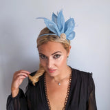 Light cornflower blue feather petal fan fascinator hat - House of Hats