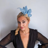 Light cornflower blue feather petal fan fascinator hat - House of Hats