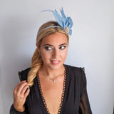 Light cornflower blue feather petal fan fascinator hat - House of Hats
