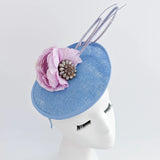 Light cornflower blue flower disc saucer fascinator hat - House of Hats