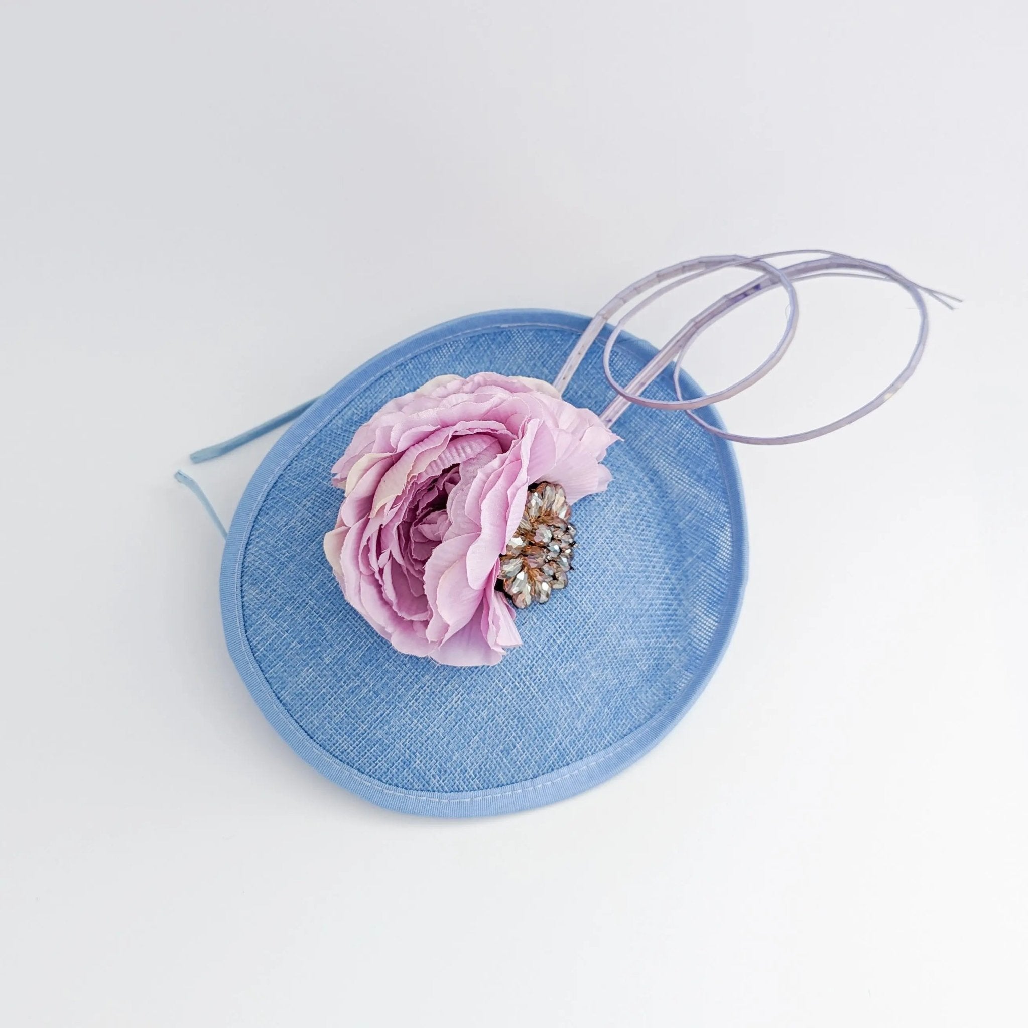 Light cornflower blue flower disc saucer fascinator hat - House of Hats