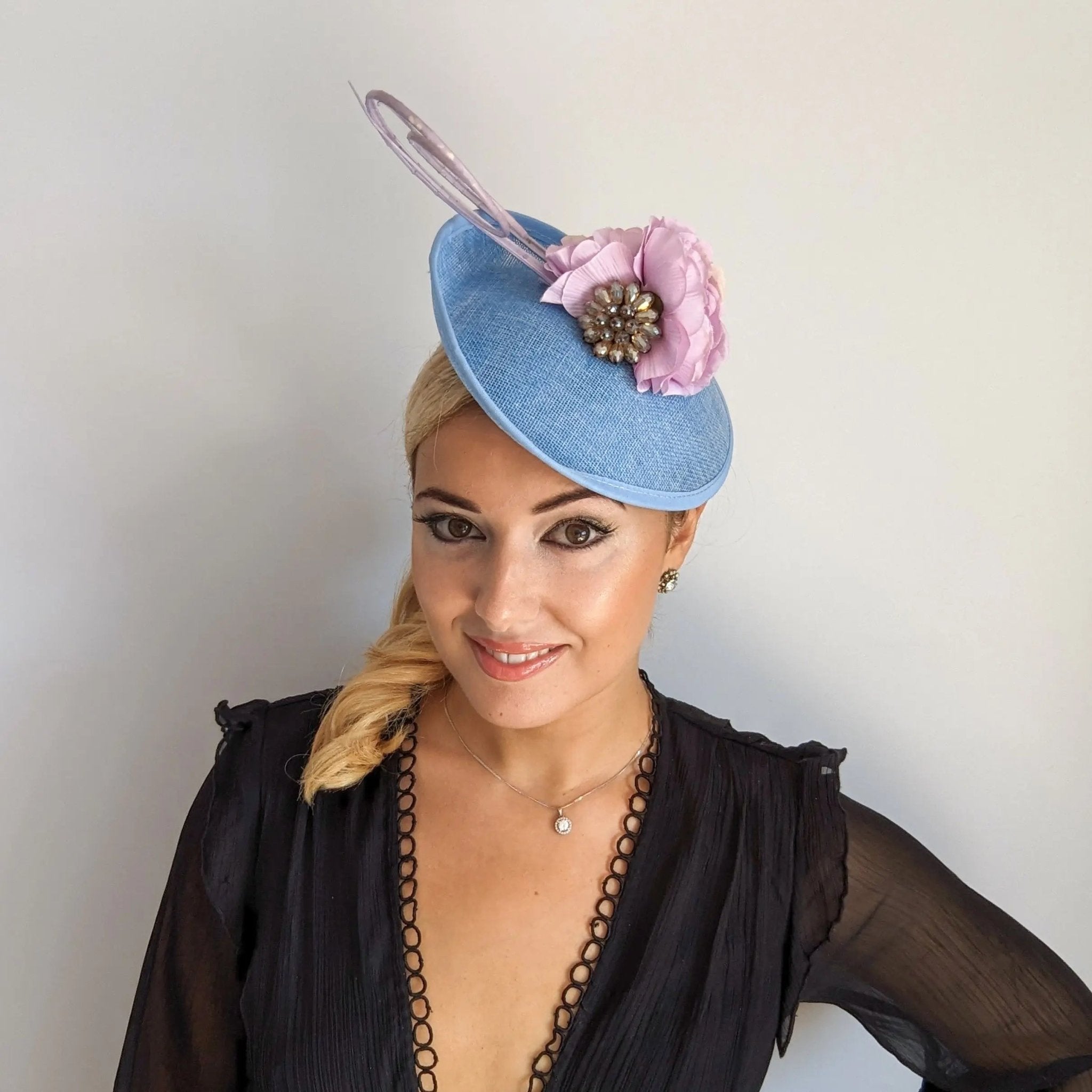 Light cornflower blue flower disc saucer fascinator hat - House of Hats