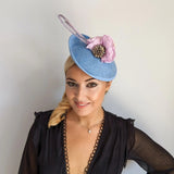 Light cornflower blue flower disc saucer fascinator hat - House of Hats
