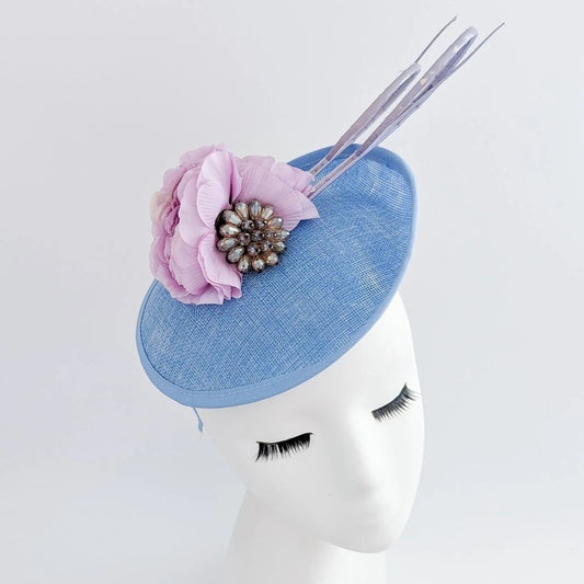 Light cornflower blue flower disc saucer fascinator hat - House of Hats