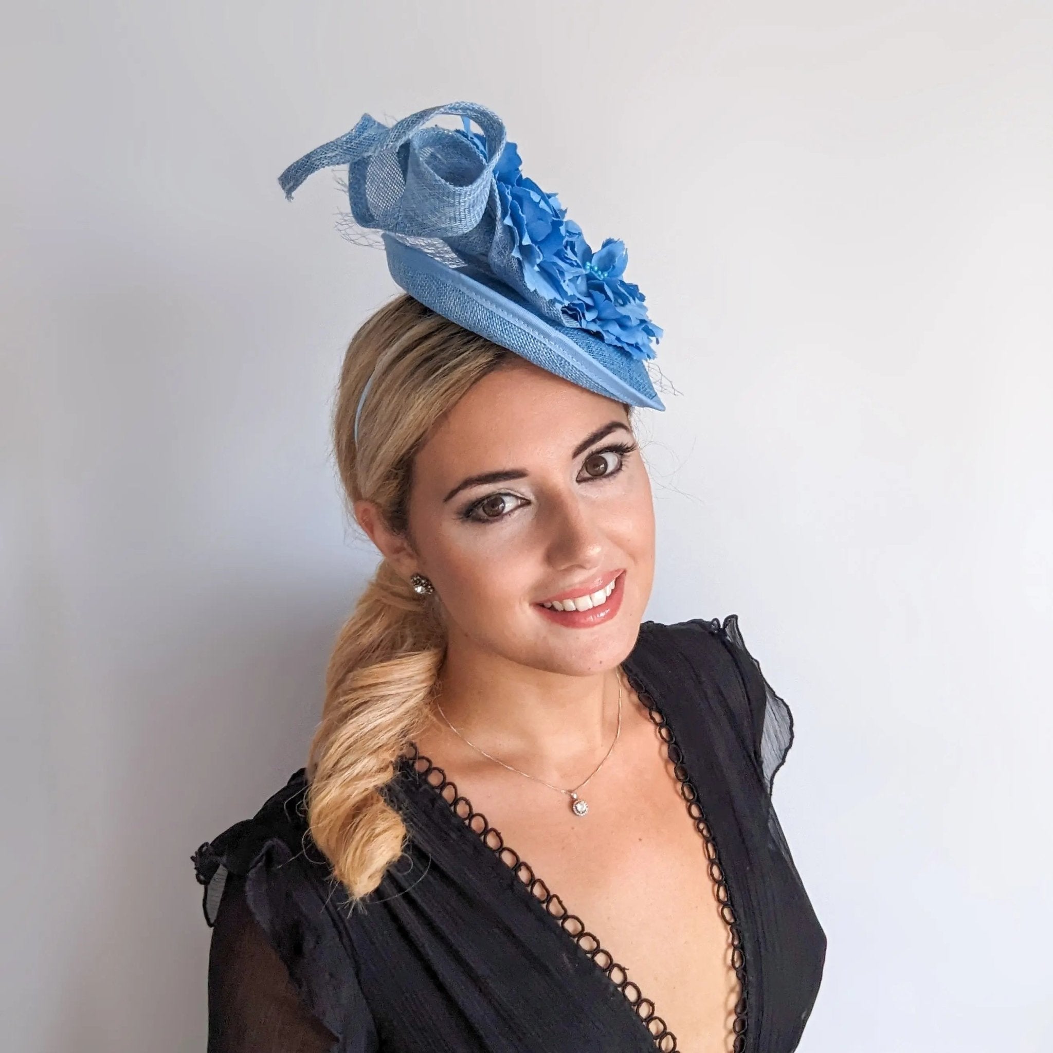 Light cornflower blue flower fascinator disc saucer hat - House of Hats