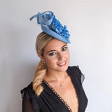 Light cornflower blue flower fascinator disc saucer hat - House of Hats