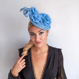 Light cornflower blue flower fascinator disc saucer hat - House of Hats