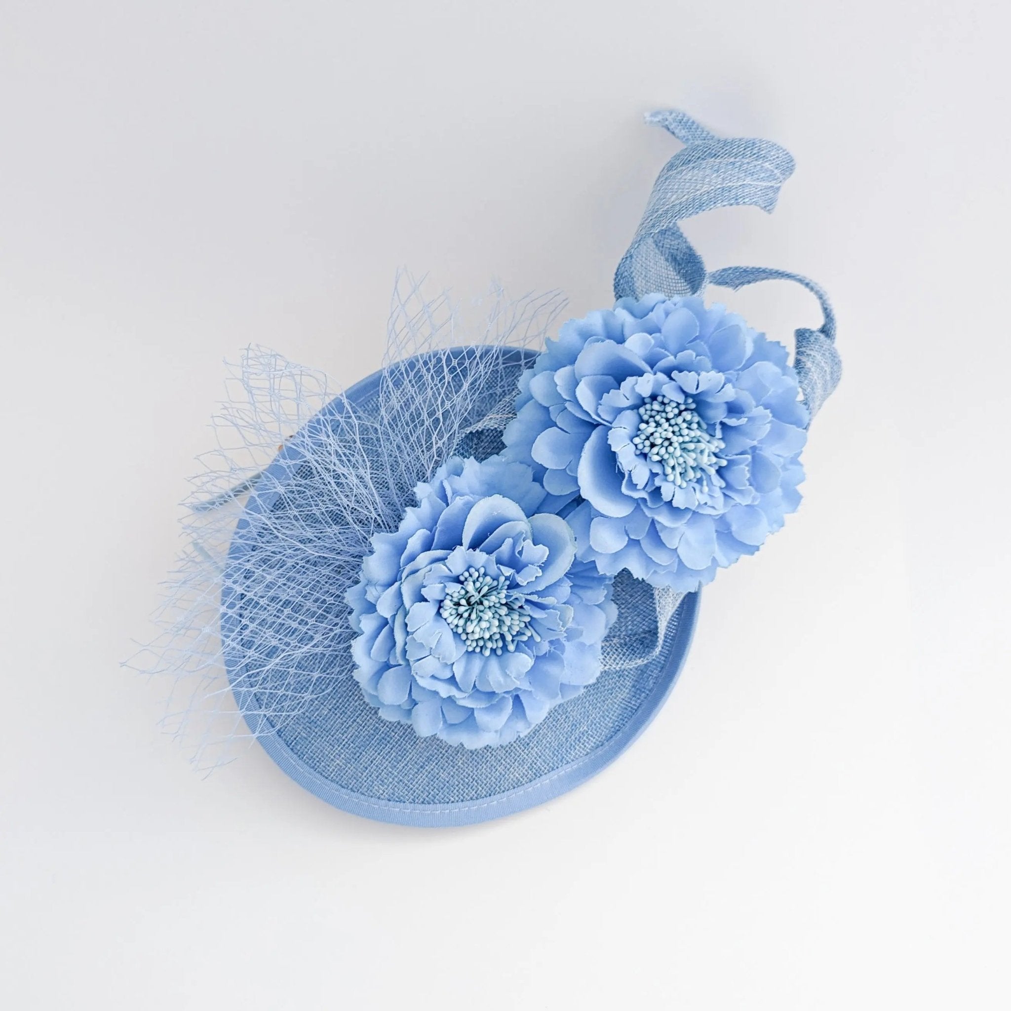 Light cornflower blue flower fascinator disc saucer hat - House of Hats