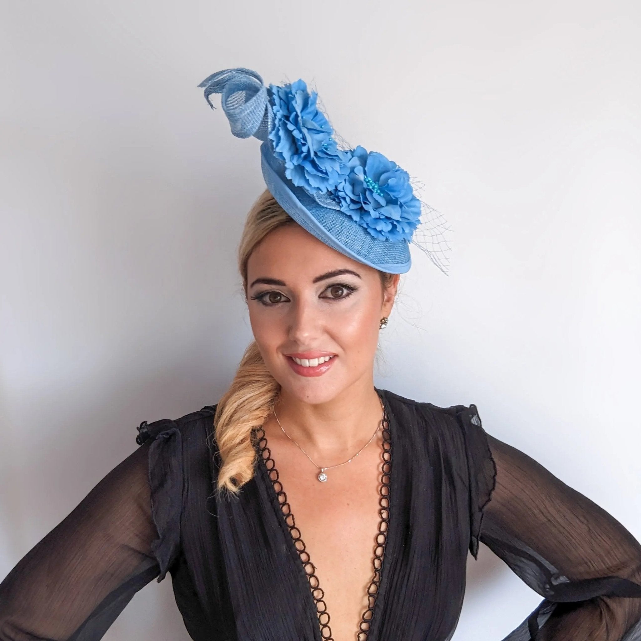 Light cornflower blue flower fascinator disc saucer hat - House of Hats