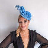 Light cornflower blue flower fascinator disc saucer hat - House of Hats
