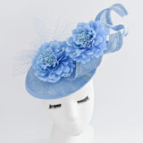 Light cornflower blue flower fascinator disc saucer hat - House of Hats