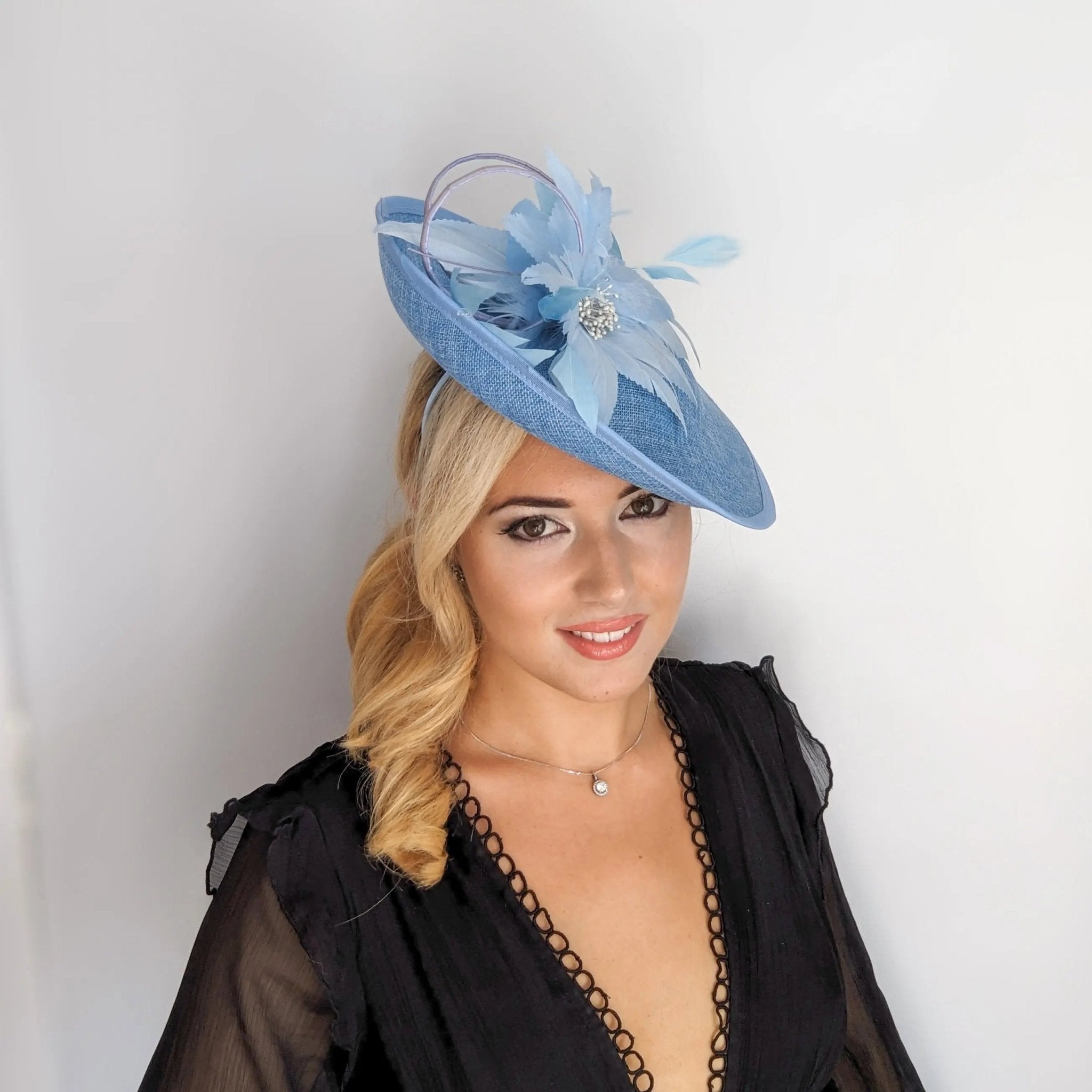 Light cornflower blue large feather saucer disc fascinator hat - House of Hats