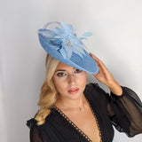 Light cornflower blue large feather saucer disc fascinator hat - House of Hats
