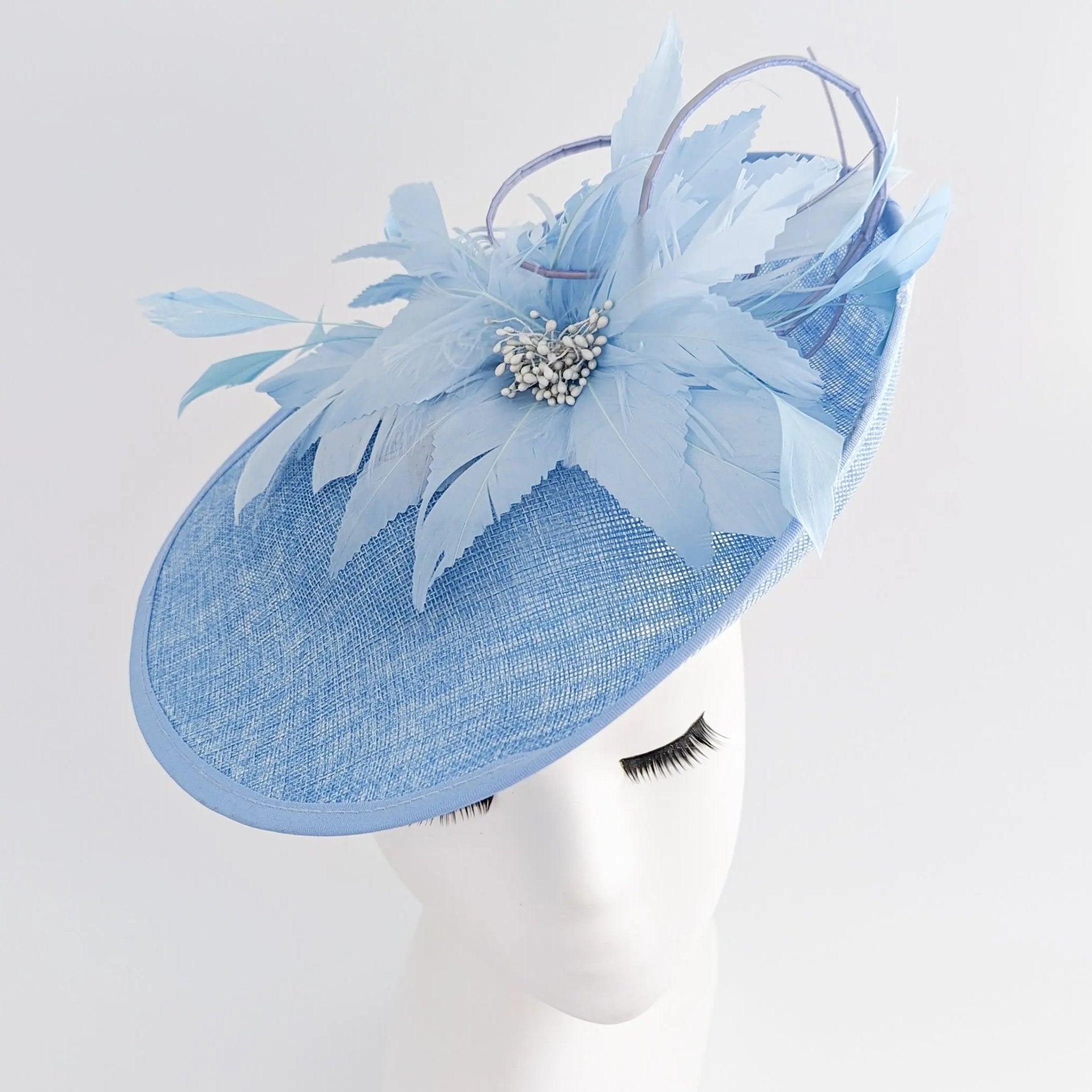 Light cornflower blue large feather saucer disc fascinator hat - House of Hats