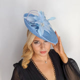 Light cornflower blue large feather saucer disc fascinator hat - House of Hats