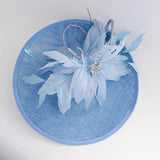 Light cornflower blue large feather saucer disc fascinator hat - House of Hats