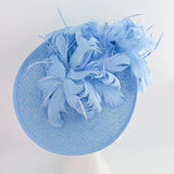 Light cornflower blue large feather saucer disc fascinator hat - House of Hats