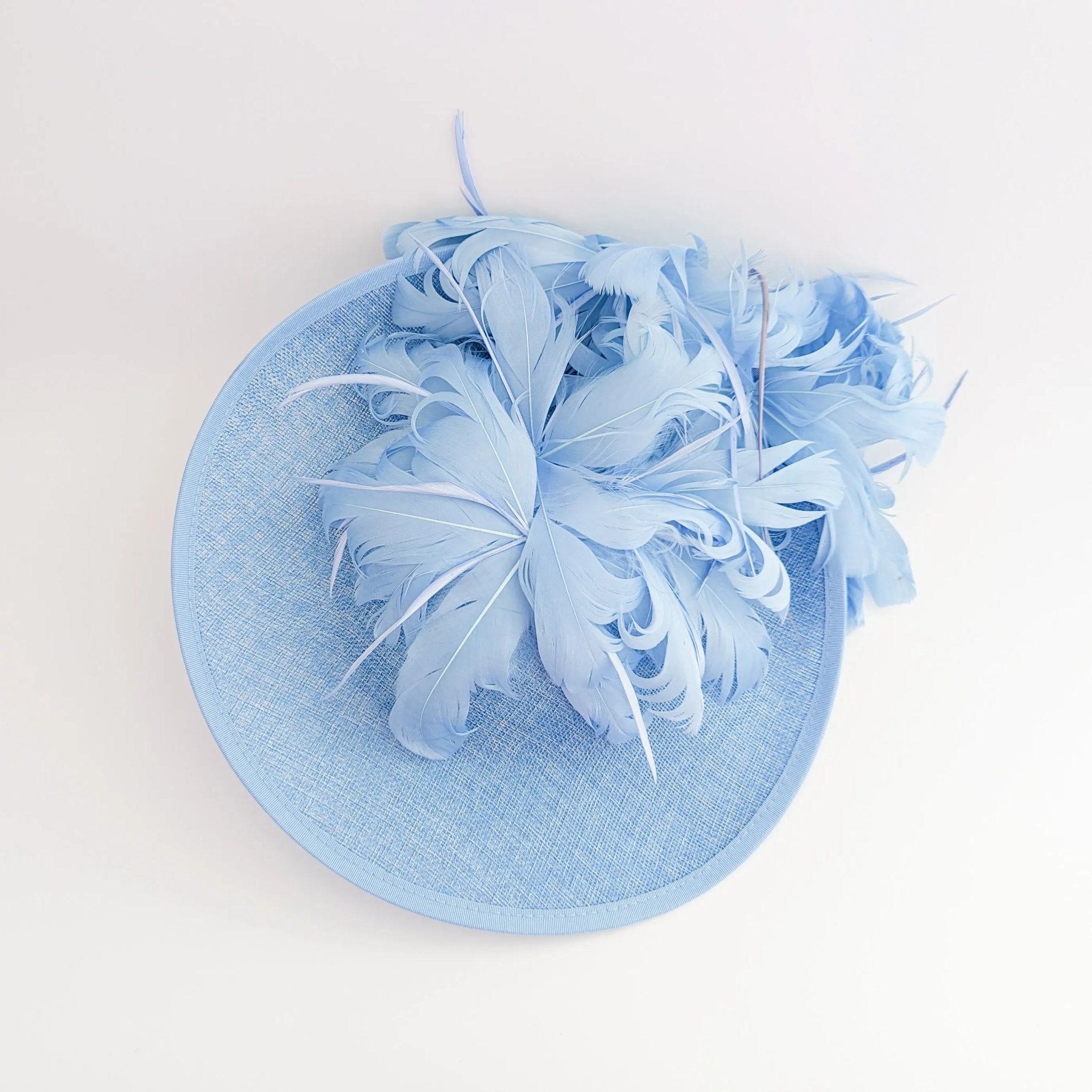 Light cornflower blue large feather saucer disc fascinator hat - House of Hats
