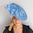 Light cornflower blue large feather saucer disc fascinator hat - House of Hats