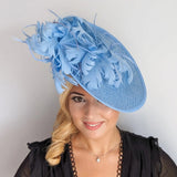 Light cornflower blue large feather saucer disc fascinator hat - House of Hats