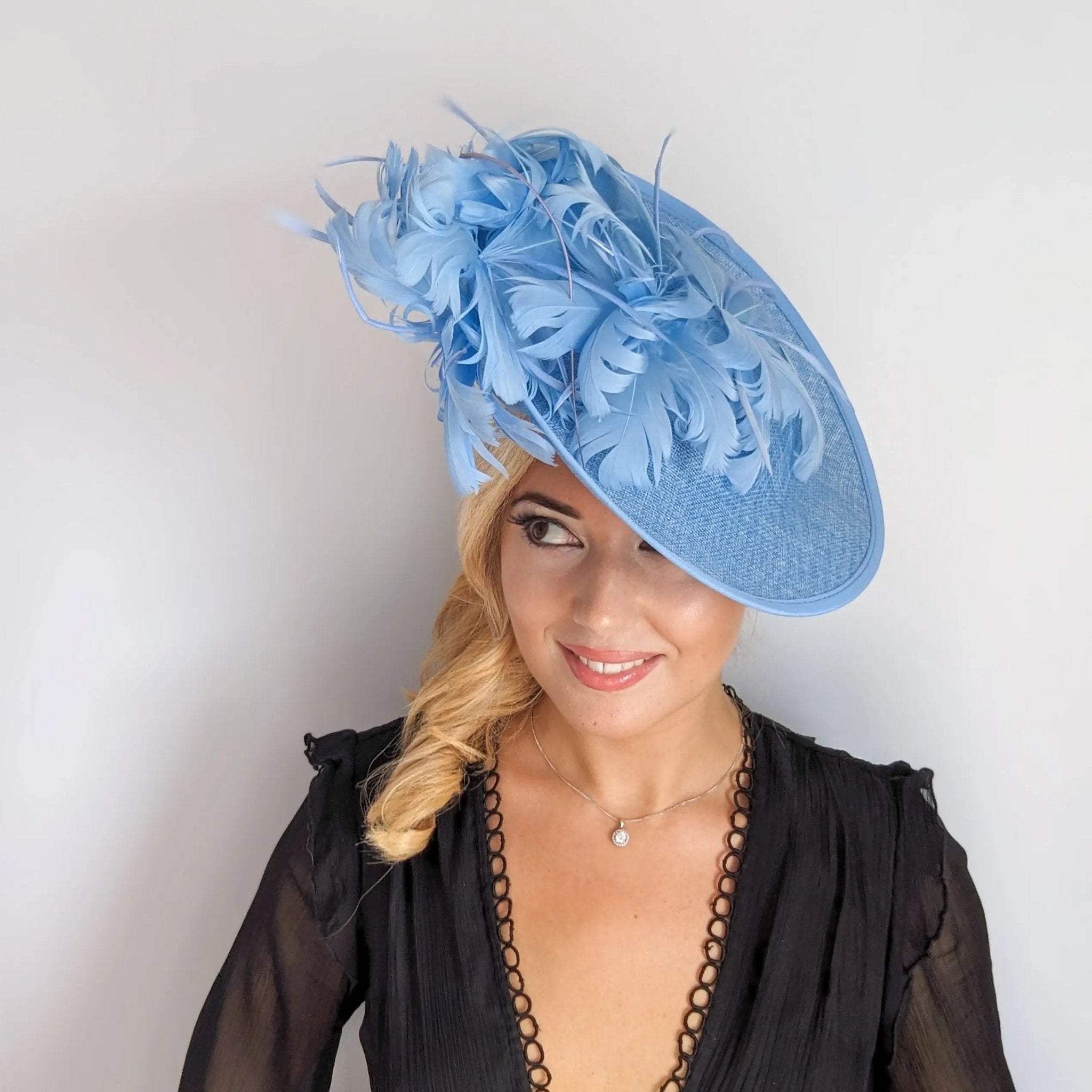 Light cornflower blue large feather saucer disc fascinator hat - House of Hats