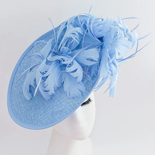 Light cornflower blue large feather saucer disc fascinator hat - House of Hats