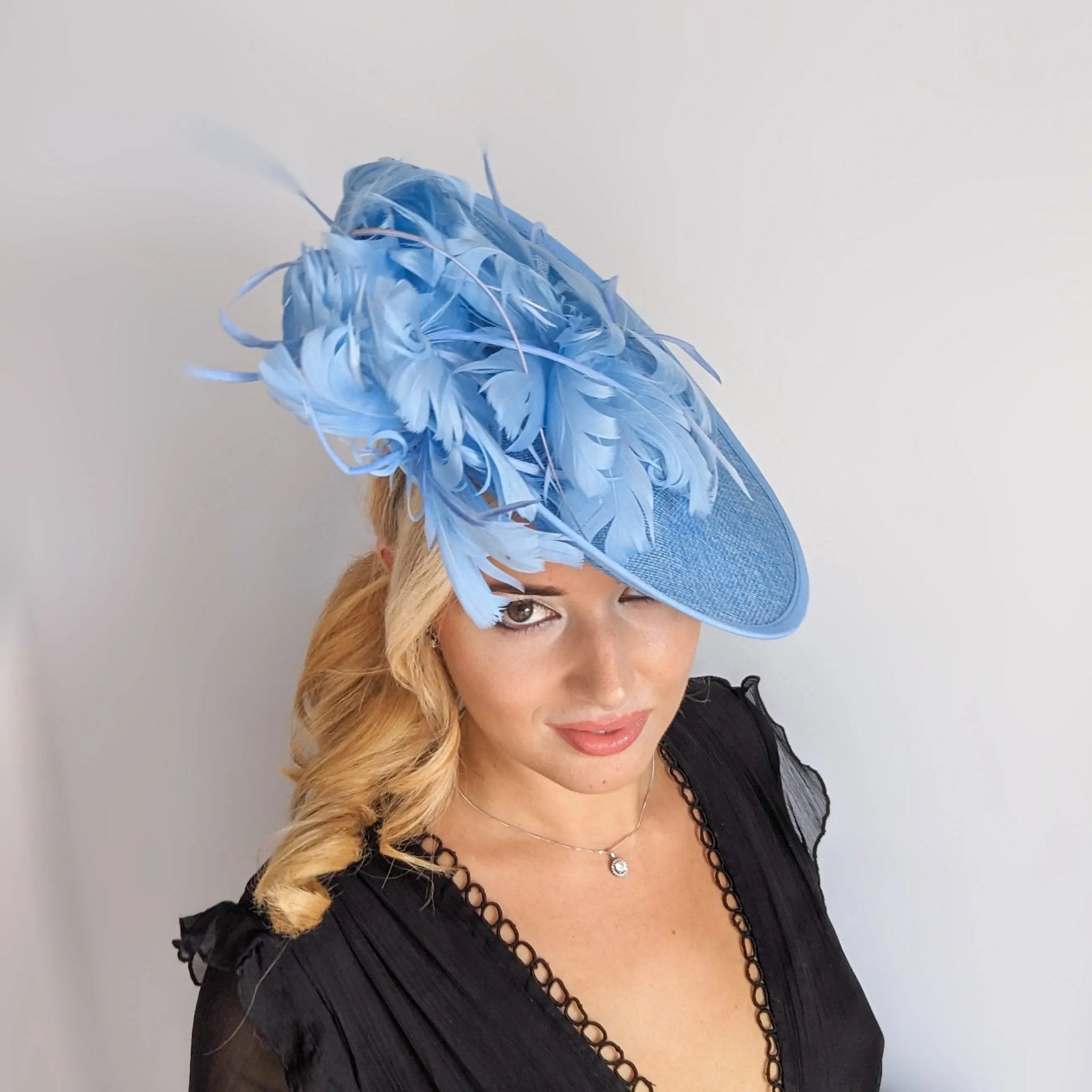 Light cornflower blue large feather saucer disc fascinator hat - House of Hats