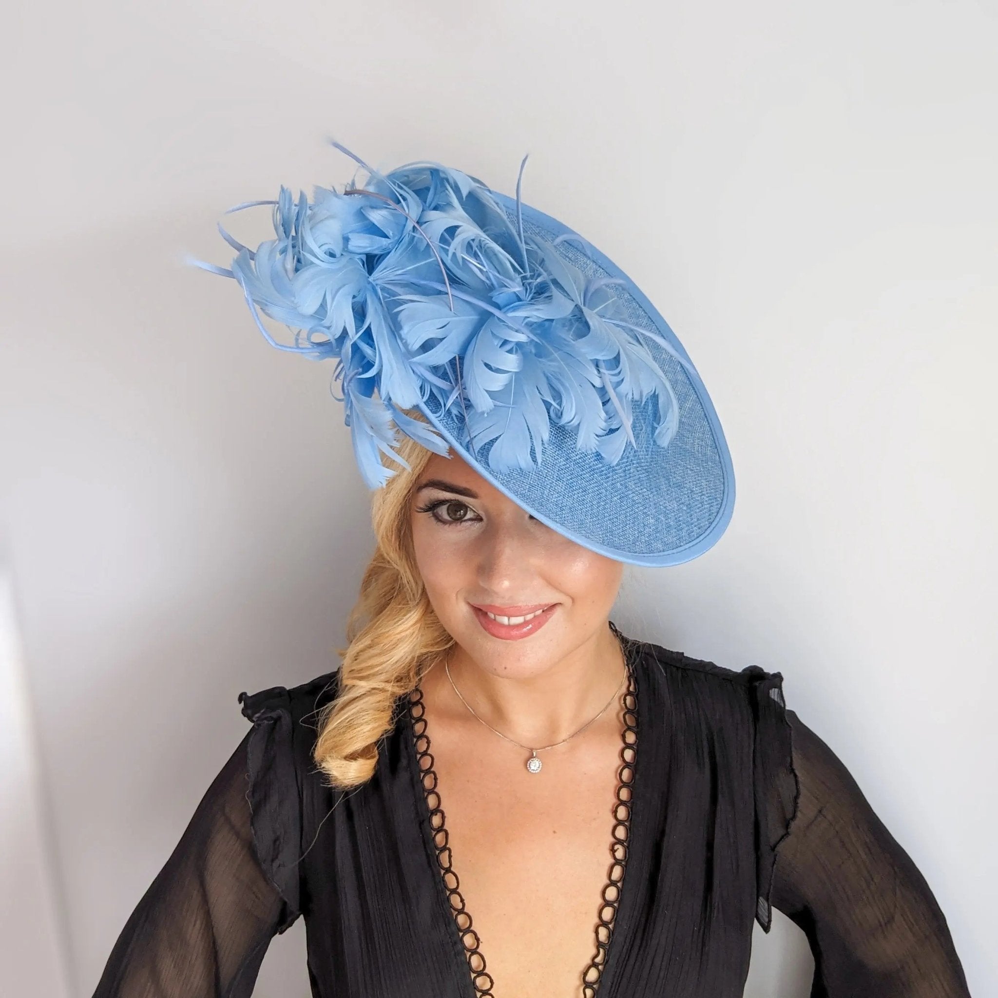 Light cornflower blue large feather saucer disc fascinator hat - House of Hats