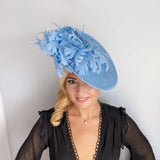 Light cornflower blue large feather saucer disc fascinator hat - House of Hats