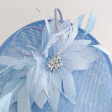 Light cornflower blue large feather saucer disc fascinator hat - House of Hats
