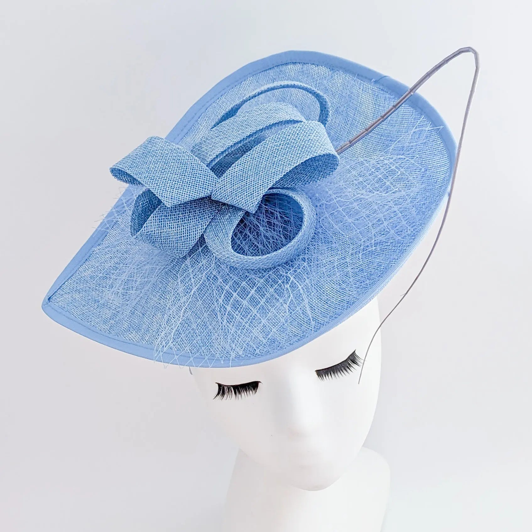 Light cornflower blue large teardrop flower feather fascinator hat - House of Hats