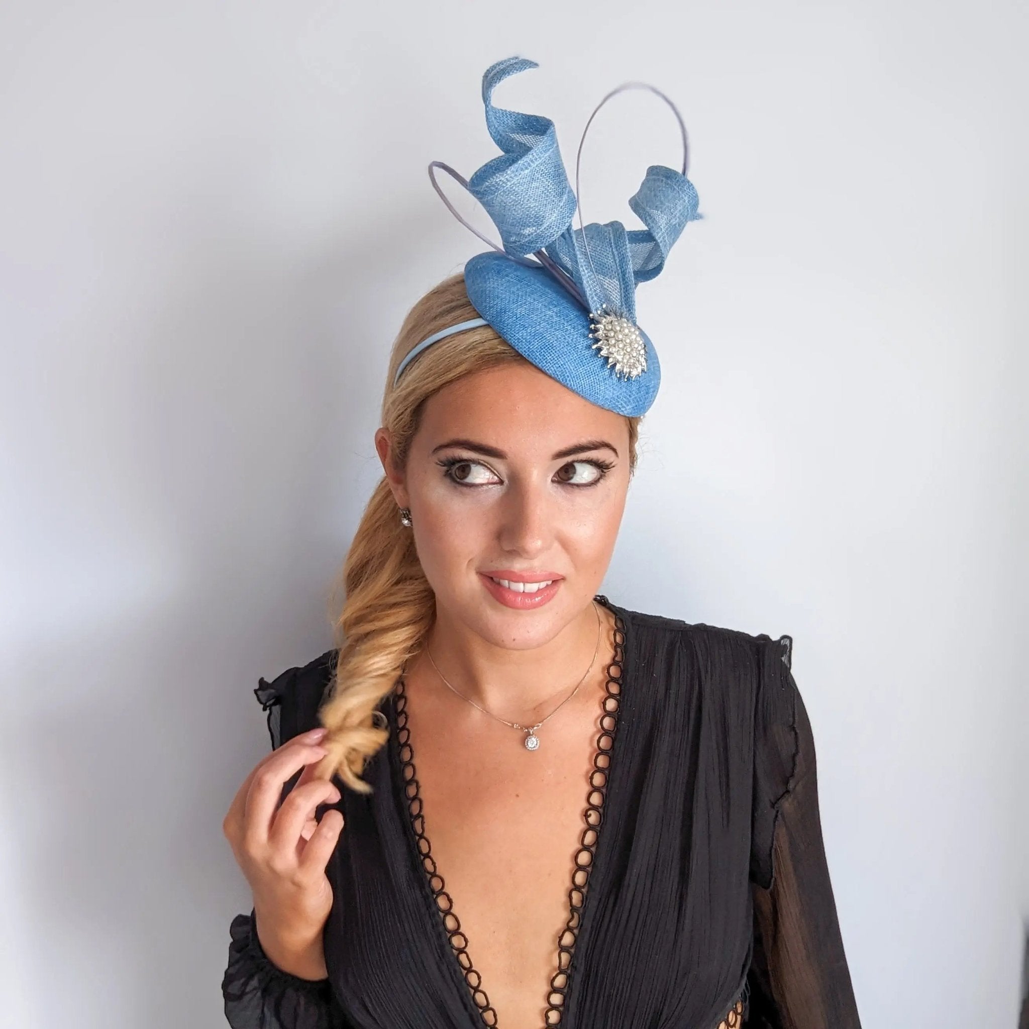 Light cornflower blue pearl fascinator hat - House of Hats