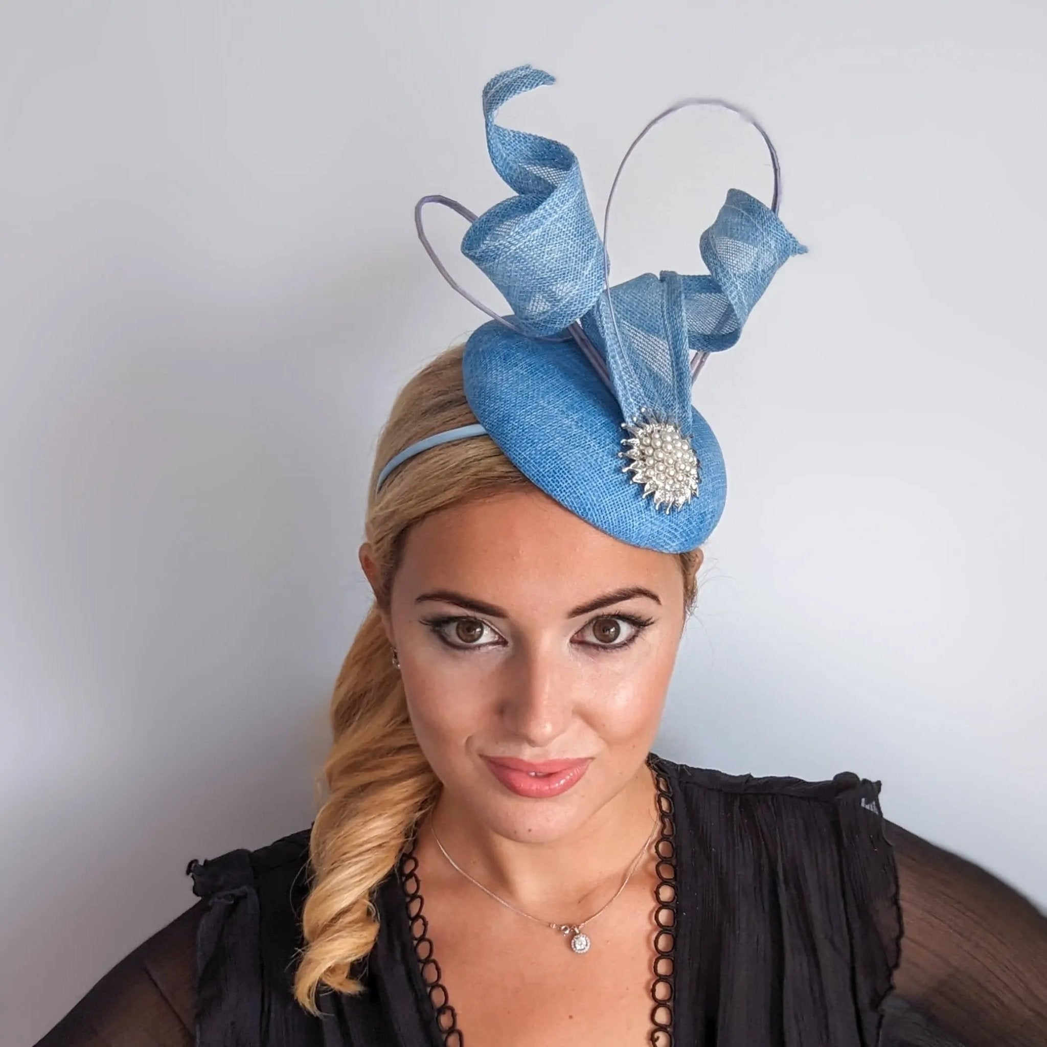 Light cornflower blue pearl fascinator hat - House of Hats