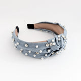 Light denim crystal pearl knot headband fascinator - House of Hats