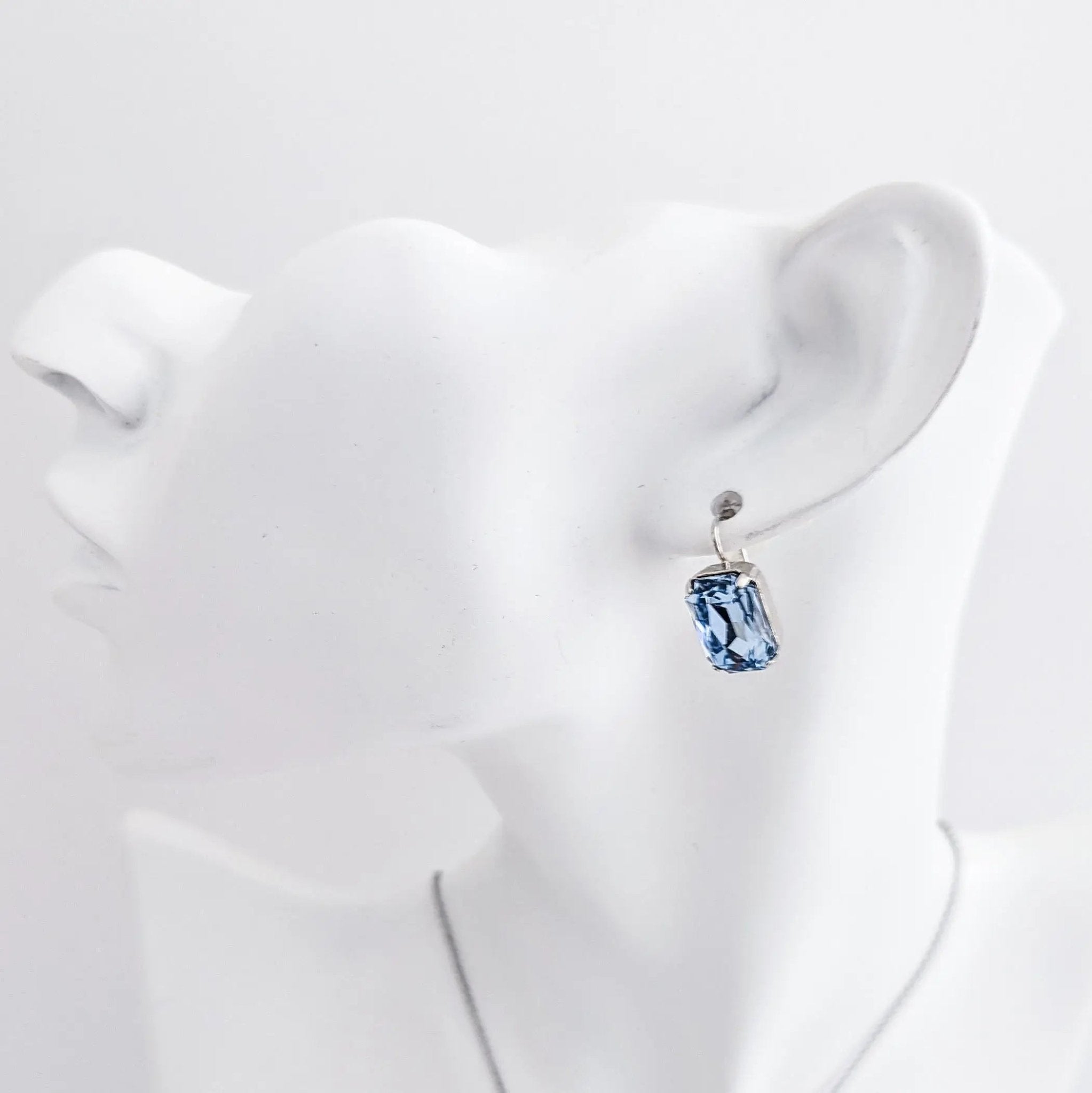 Light dusty blue crystal silver emerald cut drop earrings - House of Hats