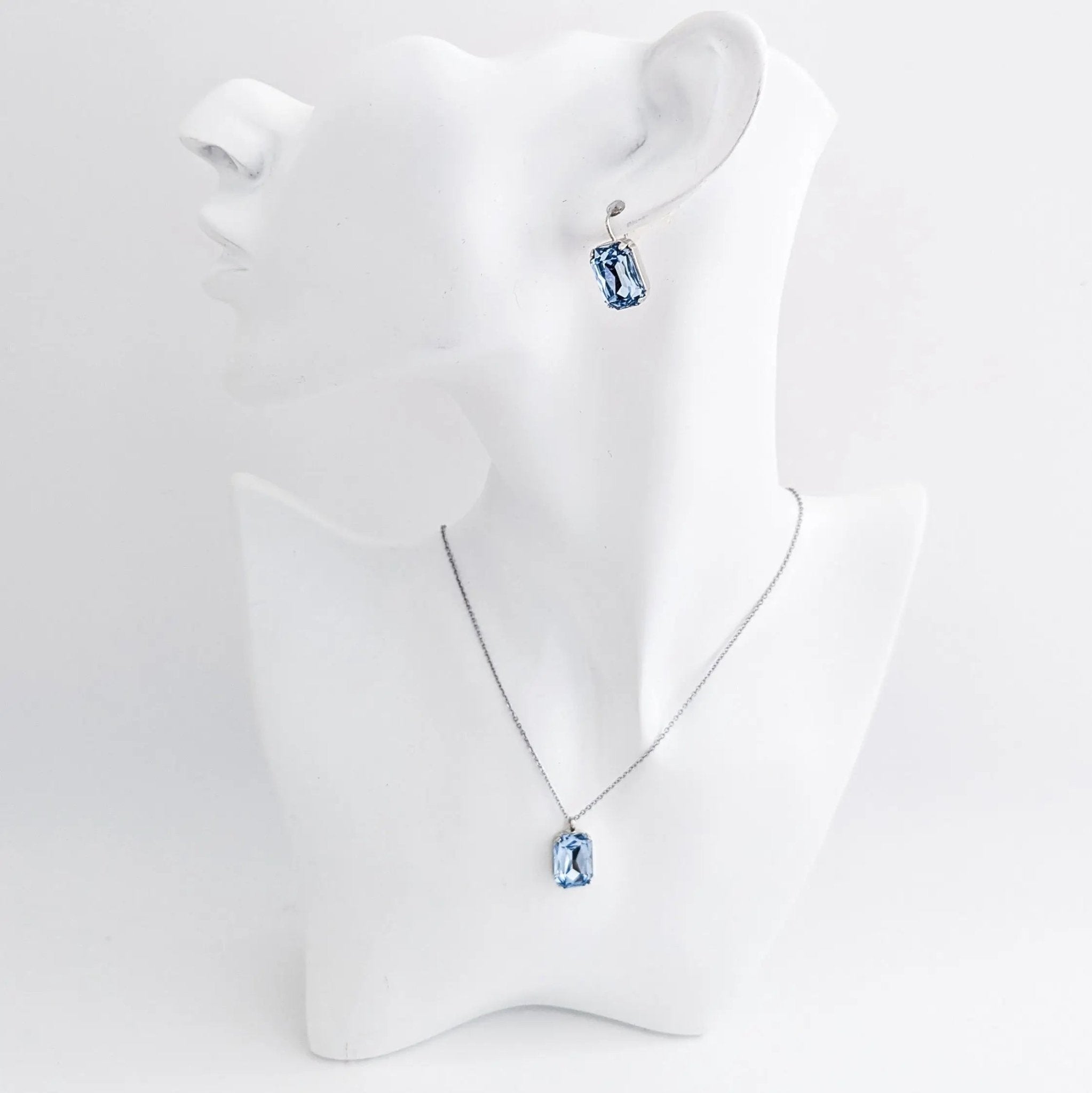 Light dusty blue crystal silver emerald cut drop earrings - House of Hats