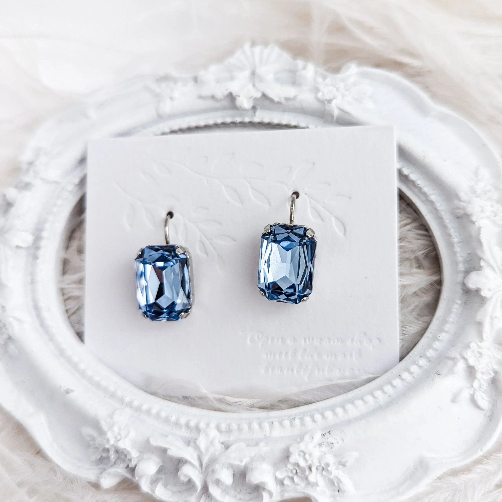 Light dusty blue crystal silver emerald cut drop earrings - House of Hats