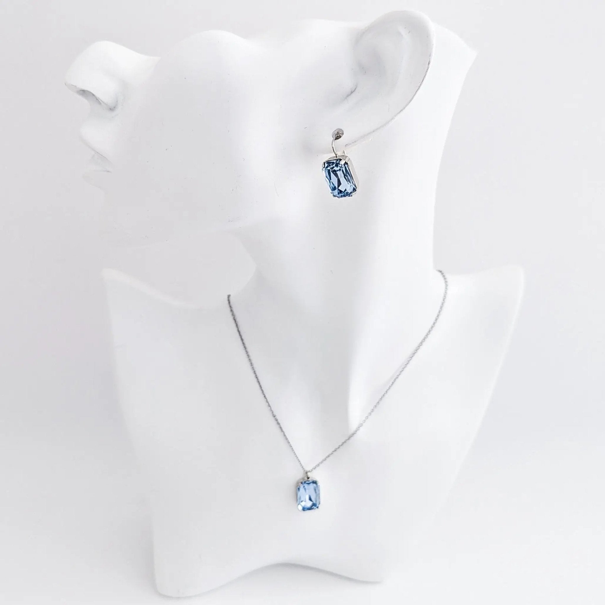 Light dusty blue crystal silver emerald cut drop earrings - House of Hats