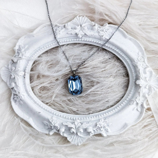 Light dusty blue crystal silver emerald cut necklace - House of Hats