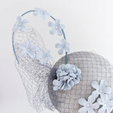 Light dusty blue flower fascinator hat - House of Hats