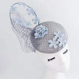Light dusty blue flower fascinator hat - House of Hats