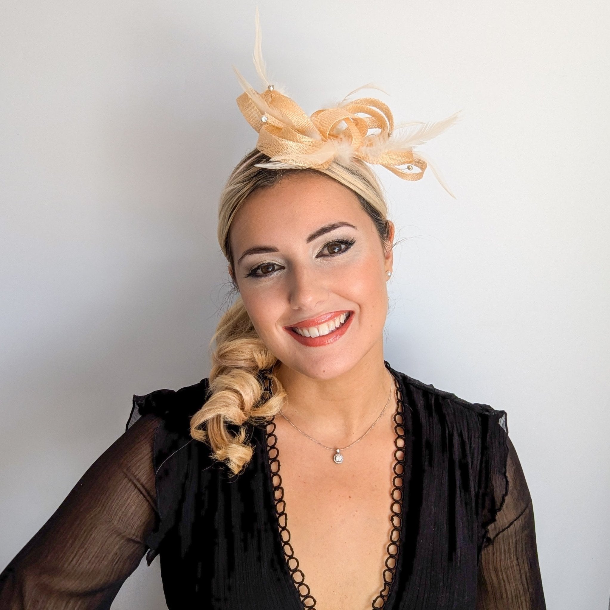 Light peach crystal feather fascinator hat - House of Hats