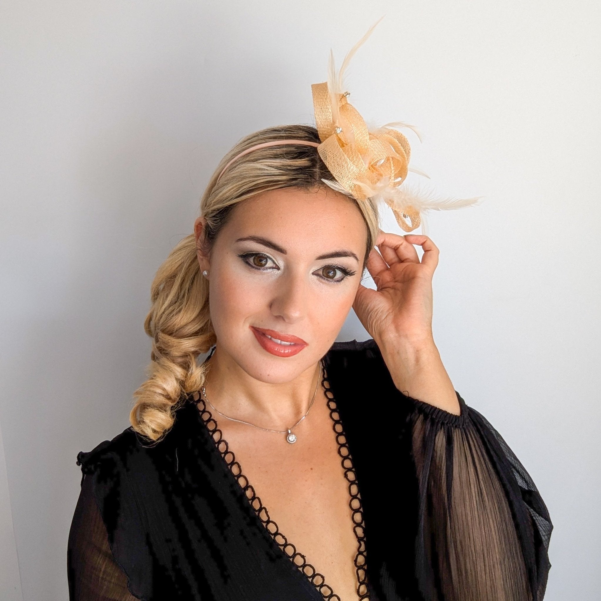 Light peach crystal feather fascinator hat - House of Hats