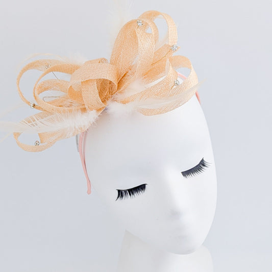 Light peach crystal feather fascinator hat - House of Hats
