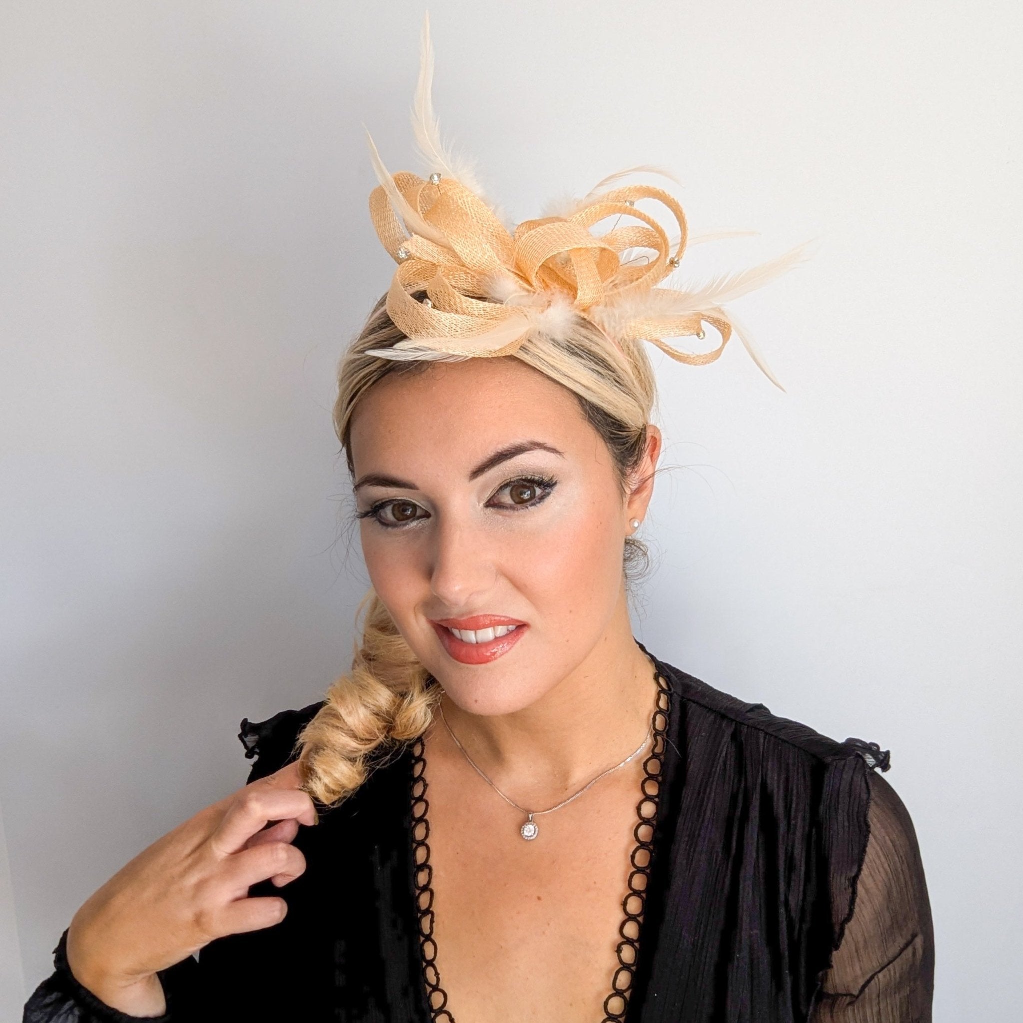 Light peach crystal feather fascinator hat - House of Hats