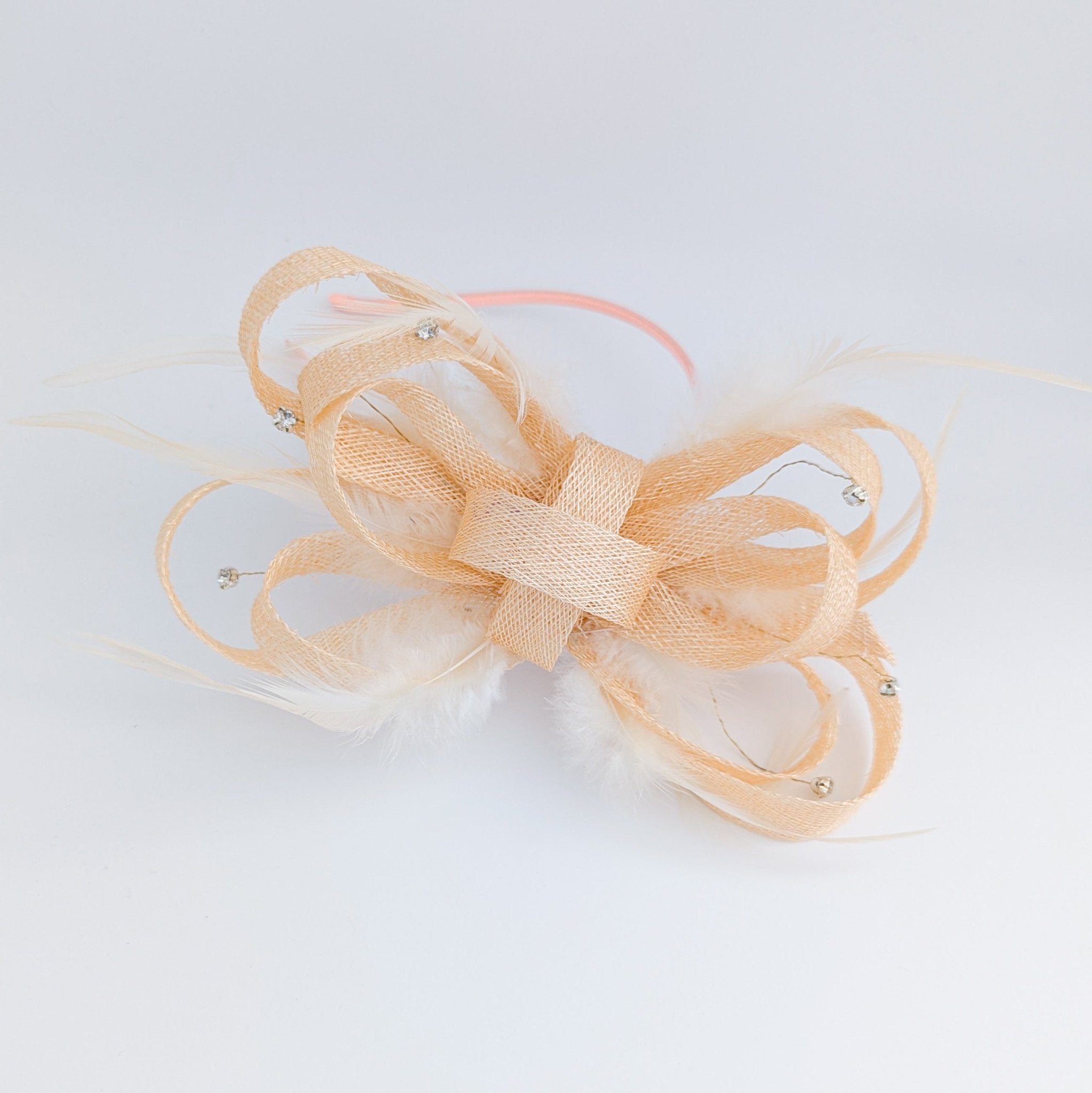 Light peach crystal feather fascinator hat - House of Hats