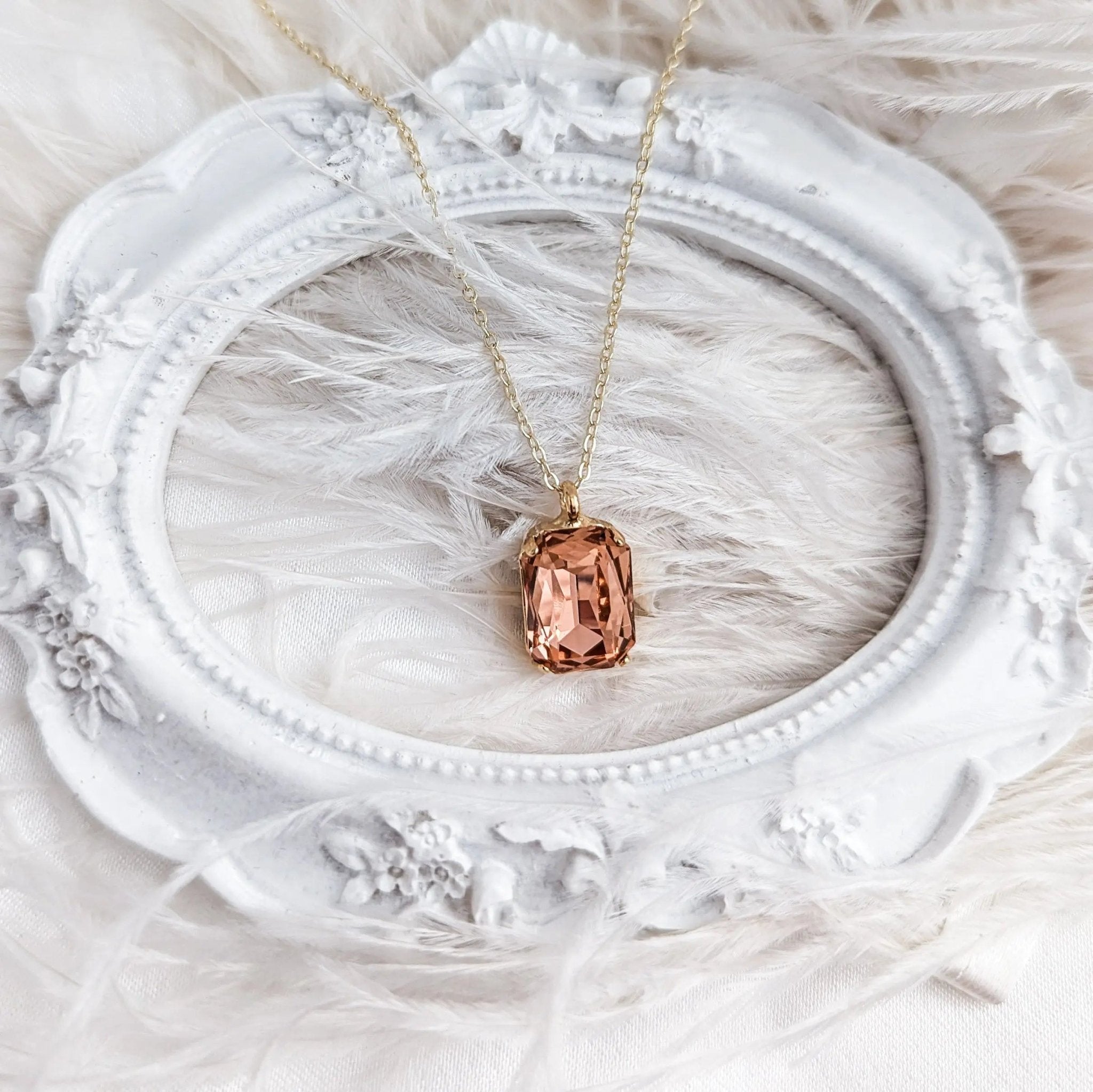 Light peach crystal gold emerald cut necklace - House of Hats