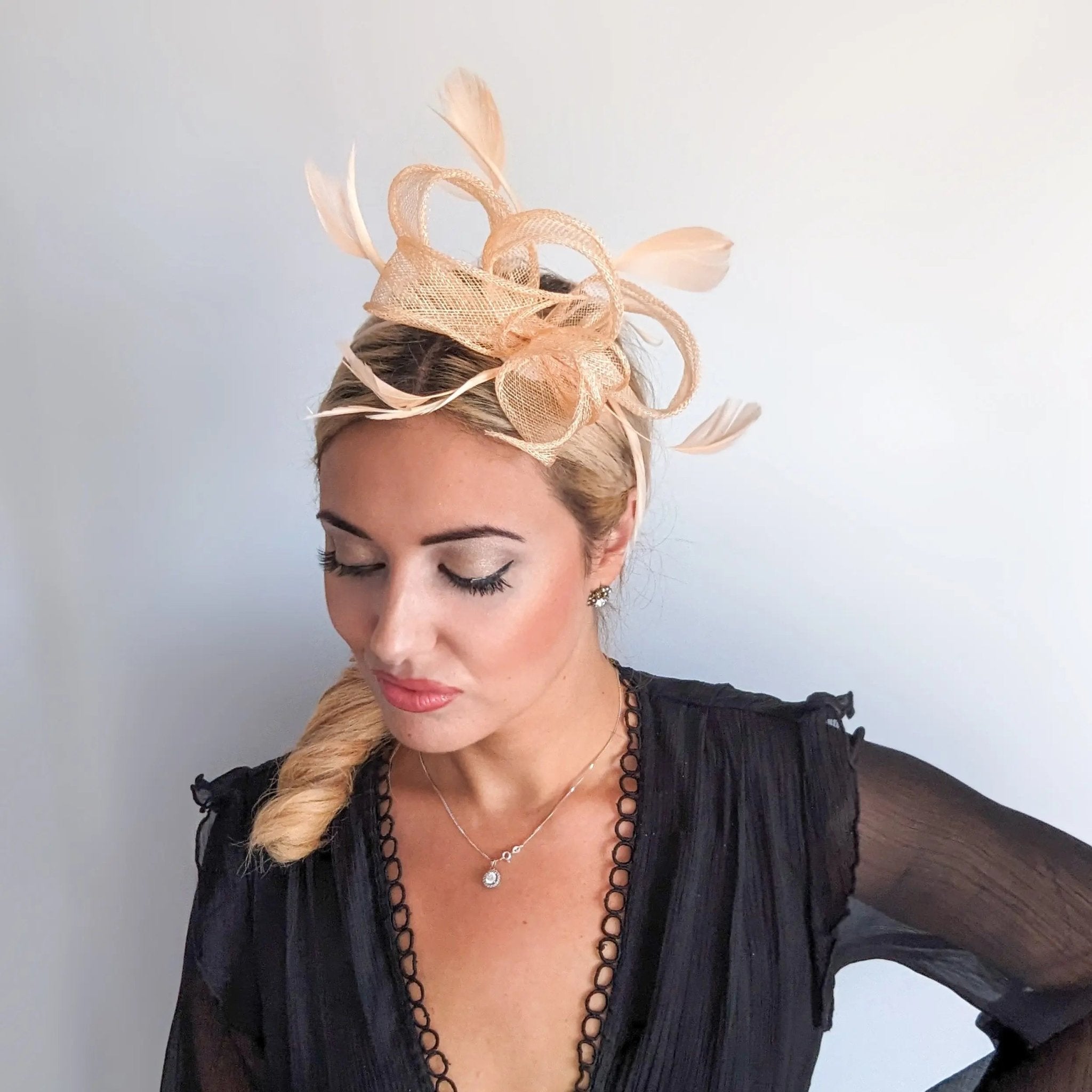 Light peach feather fascinator hat - House of Hats