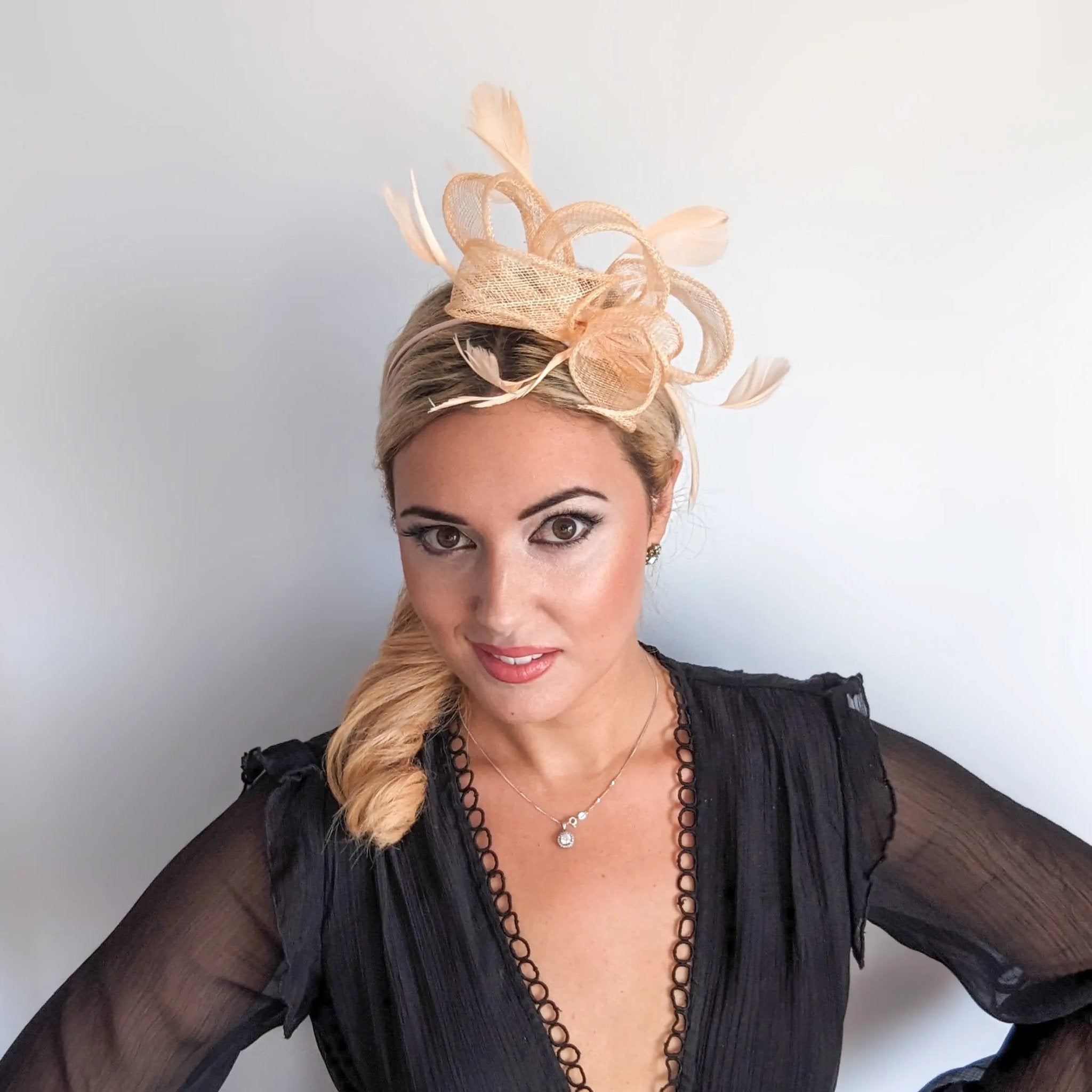 Light peach feather fascinator hat - House of Hats