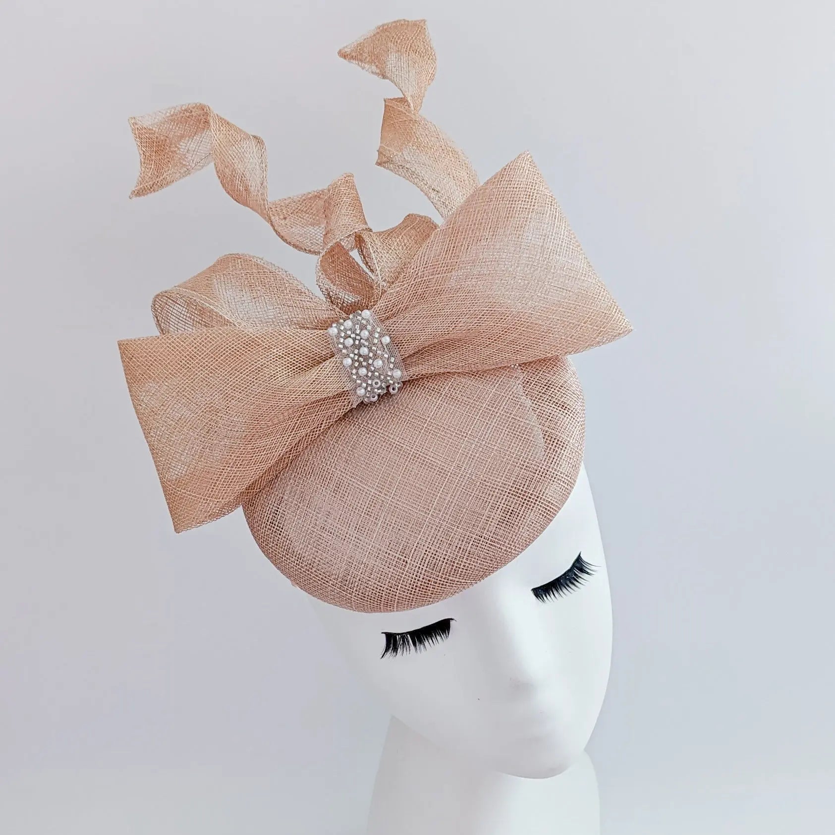 Light peach pink crystal bow fascinator hat - House of Hats
